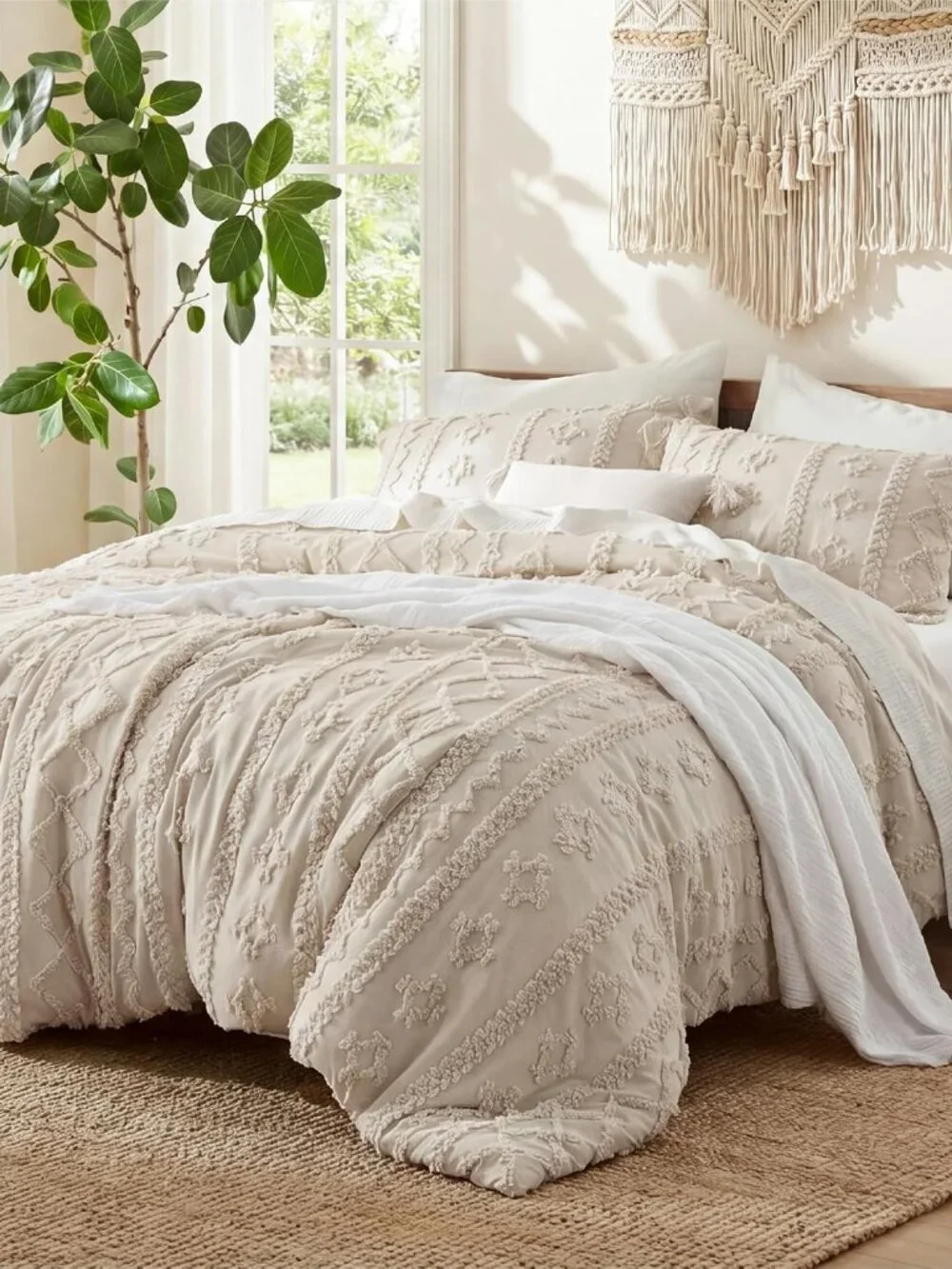 Tufted Boho Comforter Set Queen Size - Beige Boho Bed Set, GentleSoft 3 Pieces F